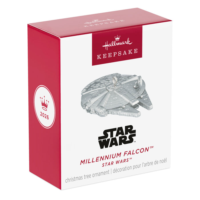 Hallmark Star Wars Millennium Falcon Christmas ornament packaging on a white background