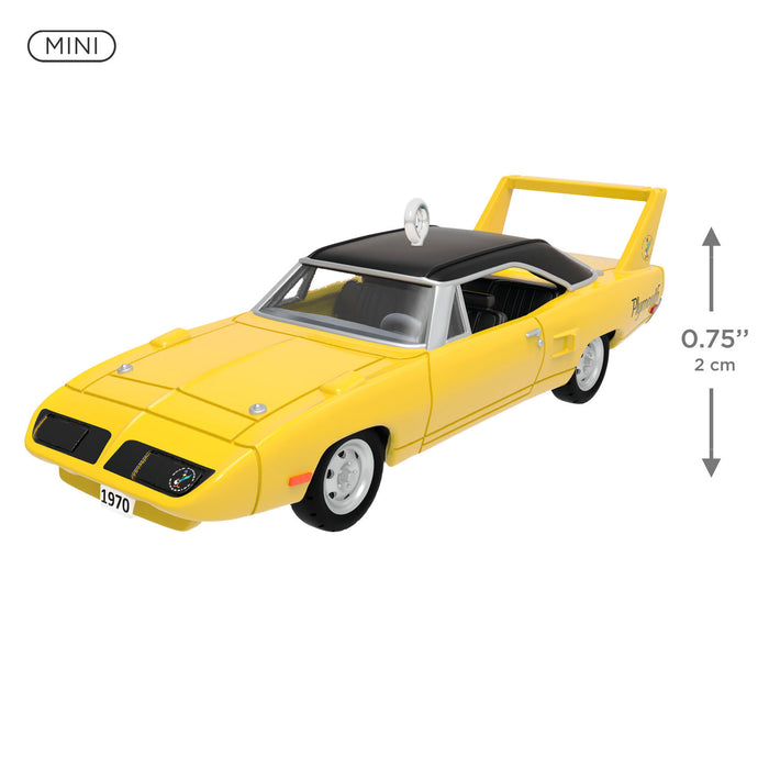 Yellow model car with dimensions indicated on a white background