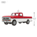 Model of a red and white truck with dimensions indicated on a white background