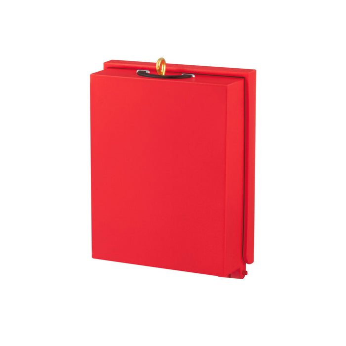 Red notebook with a gold ring on a white background