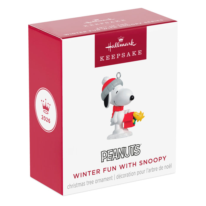 Hallmark Peanuts Winter Fun with Snoopy Christmas ornament packaging on a white background