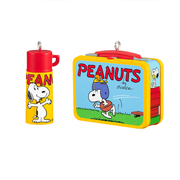 Peanuts-themed lunch box and bottle on a white background