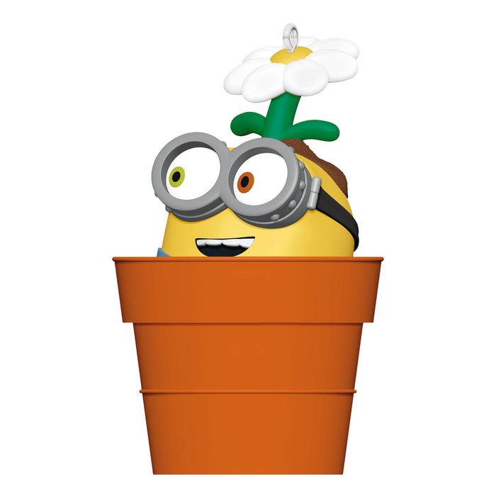 Cartoon character with glasses and a flower in an orange pot on a white background