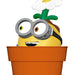 Cartoon character with a flower on its head peeking out of an orange pot