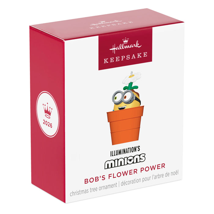 Hallmark Minions Bob's Flower Power Christmas ornament packaging on a white background