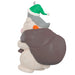 Decorative ornament of a snowman with a green hat and gray coat on a white background