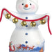 Decorative snowman figurine with gold bells and a Santa Claus scene on a white background