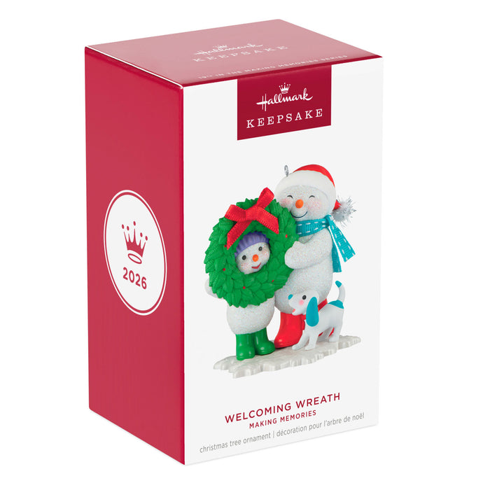 Hallmark 2025 Christmas ornament packaging with snowman and wreath design.