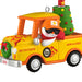 Christmas ornament of a snowman driver in a yellow truck with festive decorations on a white background
