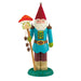 Colorful gnome figurine with a red hat and blue outfit with a mushroom-topped staff in hand on a white background