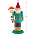 Colorful gnome figurine with a mushroom staff and measurement details on a white background