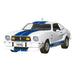 White car with blue stripes on a white background