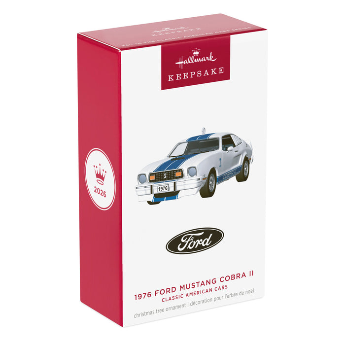 Hallmark Keepsake Christmas ornament packaging featuring a 1976 Ford Mustang Cobra II.
