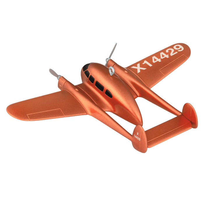 Model airplane with orange finish and visible registration number on a white background