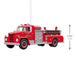 Model of a red fire truck with dimensions indicated on a white background