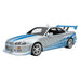 Model car with blue and white stripes on a white background
