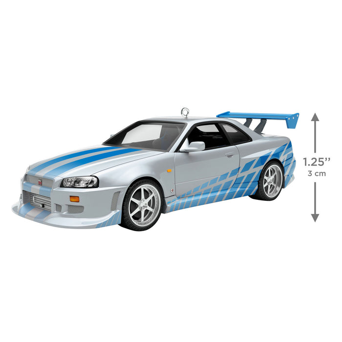 Model car with blue stripes on a white background