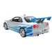 Model car with blue and white design on a white background