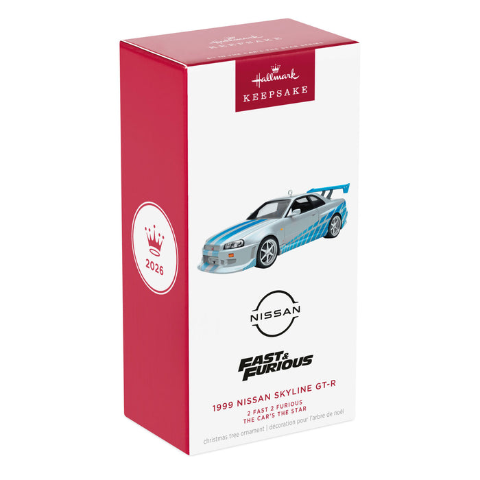 Hallmark Keepsake ornament packaging featuring a Nissan Skyline GT-R from 'Fast & Furious'.