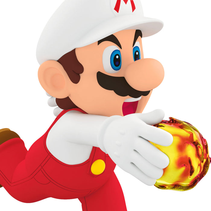 Cartoon character in red overalls holding a glowing red object