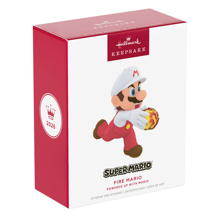 Hallmark Super Mario Fire Mario Christmas ornament packaging on a white background