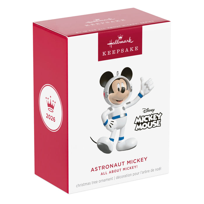 Hallmark Keepsake Ornament packaging featuring Mickey Mouse in astronaut costume on a white background
