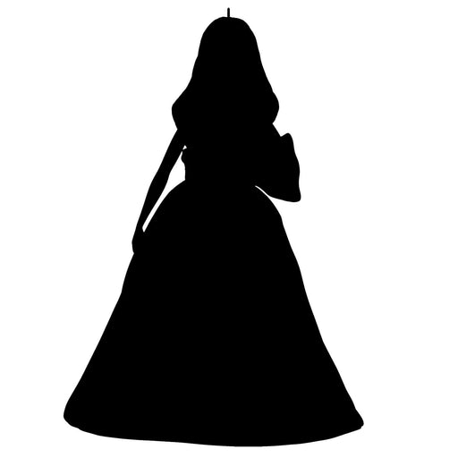 Silhouette of a character in a ball gown on a white background