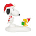 Christmas-themed figurine of Snoopy and Woodstock in Santa hats holding a gift, on a white background.