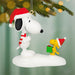 Christmas-themed ornament of Snoopy and Woodstock in Santa hats holding a gift, on a blurred green background.