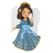 Angel figurine with blue dress and white wings holding a dove on a white background