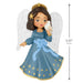 Angel figurine with blue dress and white wings holding a dove, with size measurement on a white background.