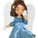 Angel figurine with white wings, blue dress, and holding a dove on a white background
