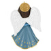 Decorative angel figurine with white wings, blue dress, and gold accents on a white background