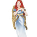 Ornament of an angel with red hair and a gold and blue dress on a white background