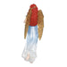 Decorative angel ornament with red hair and gold wings on a white background