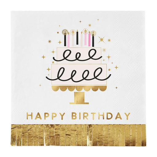 Birthday card with a cake illustration and 'Happy Birthday' text on a white background.