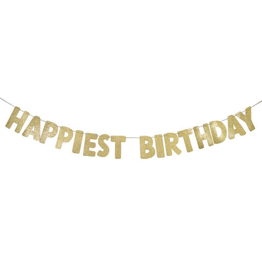 Gold 'Happiest Birthday' banner on a white background