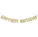 Gold 'Happiest Birthday' banner on a white background