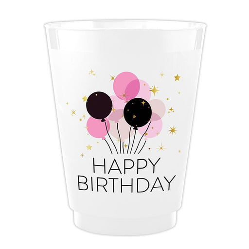 clear plastic cup with 'Happy Birthday' and balloon design
