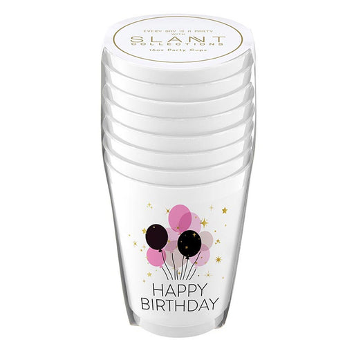 Stack of clear plastic cups with 'Happy Birthday' and balloon design, branded 'Slant Collections'.
