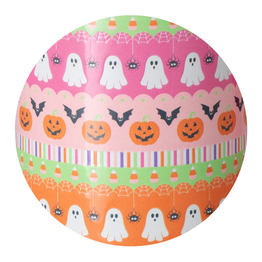 Halloween-themed print with pumpkins, ghosts, and candy corn on a pink and orange background.