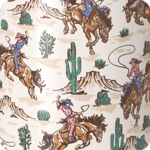 Pattern of cowboys on horses, cacti, and mountains on a beige background
