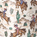 Pattern of cowboys on horses, cacti, and mountains on a beige background