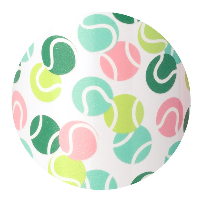 Round object with a colorful pattern of green, pink, and yellow shapes on a white background