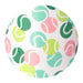 Round object with a colorful pattern of green, pink, and yellow shapes on a white background