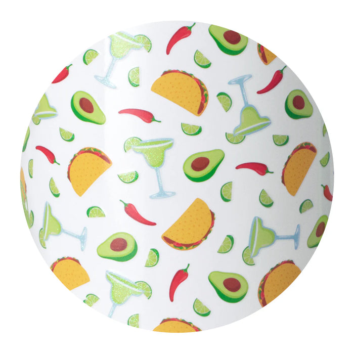 Round pillow with taco, avocado, and margarita pattern on a white background