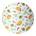 Round pillow with taco, avocado, and margarita pattern on a white background