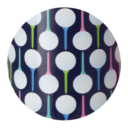 Pattern of golf balls and tees on a dark blue background