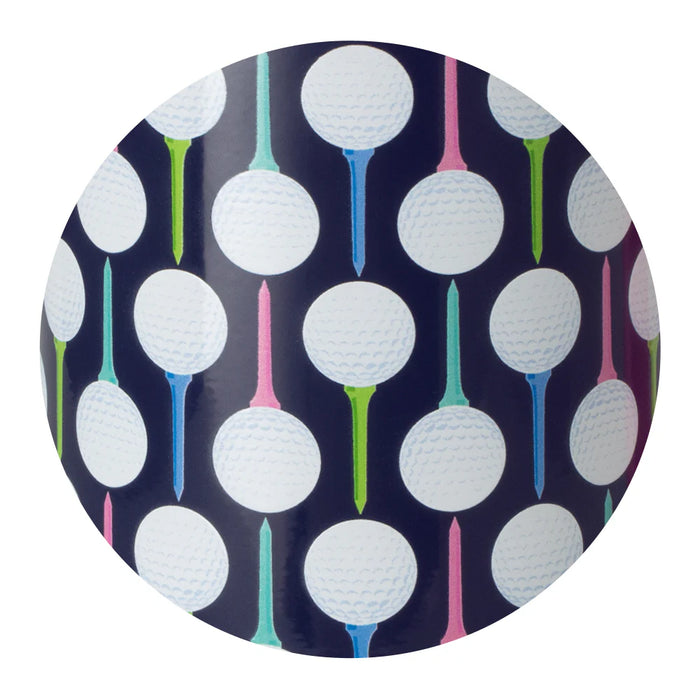 Pattern of golf balls and tees on a dark blue background