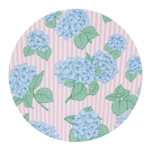 Round fabric swatch with blue hydrangea flowers and green leaves on a pink and white striped background